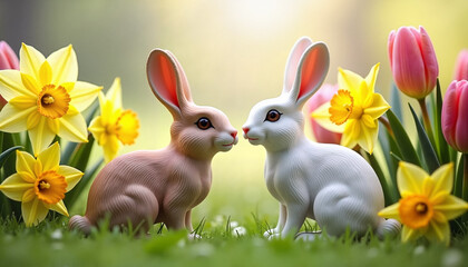 Fototapeta premium Romantic rabbits surrounded by colorful flowers in spring 