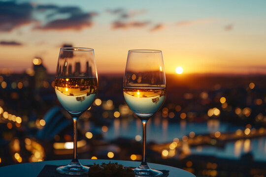 romantic sunset view featuring two glasses of wine, reflecting vibrant colors of sky. city skyline and shimmering water create perfect backdrop for intimate evening