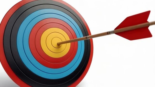 Hitting the target in business, an arrow in a target board isolated on a white background