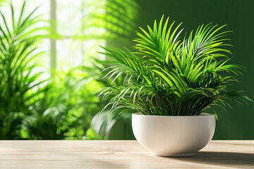 Obraz premium vibrant green plant in white ceramic bowl on wooden table, surrounded by lush greenery. sunlight filters through, creating serene atmosphere