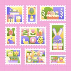 Fototapeta premium Happy Easter Postal Stamps Set. Vector Illustration of Seasonal Religious Holiday. Spring Background. Geometrical Egg Hunt and Bunny. Polygonal and Triangular.