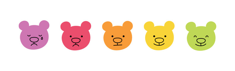 Cute doodle bear face icon set. Smile, sad and cry bear. Teddy kawaii emoji. Hand drawn animal emoticon. Expression teddy head. Good and bad mood. Vector illustration isolated on white background.