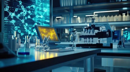 Advanced scientific laboratory is analyzing data with sophisticated equipment and tools