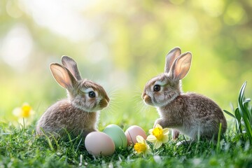 Obraz premium Playful Baby Rabbits Amidst Colorful Eggs and Daffodils in a Meadow