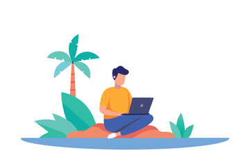 Fototapeta premium Cartoon Man with Laptop on Island with Palm Tree and Plants, Transparent