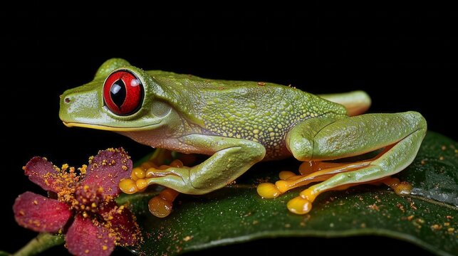 A green frog with red eyes is sitting on a leaf