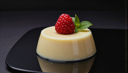 Modern food photo advertisement: A glistening vanilla panna cotta sits on a black square plate, topped with a vibrant red raspberry and a sprig of fresh mint.