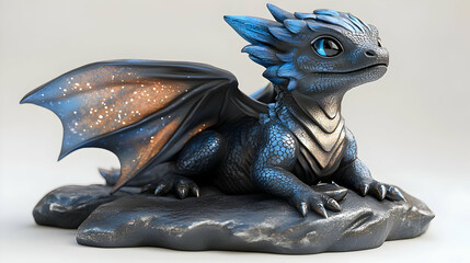 Detailed Fantasy Dragon Sculpture with Blue Scales Black Wings and Glowing Accents Sitting on a Stone Base in Studio Lighting