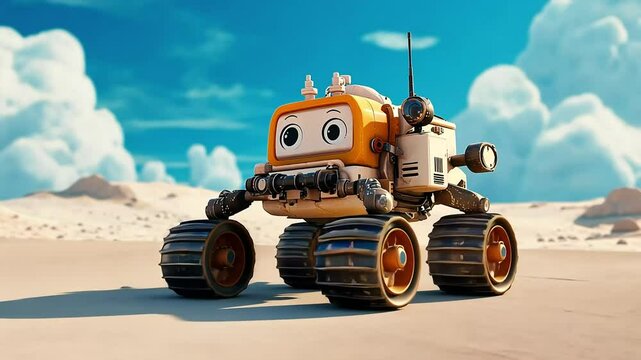 Orange robot rover with big eyes explores desert on a sunny day under a blue, cloudy sky