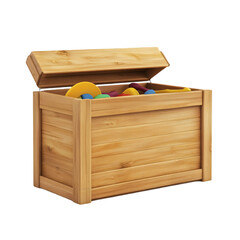 A wooden toy chest with the lid open filled with colorful toys inside