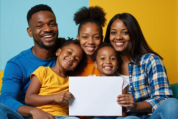 Joyful Black family portrait with parents and four children smiling against bright yellow background while holding blank white board