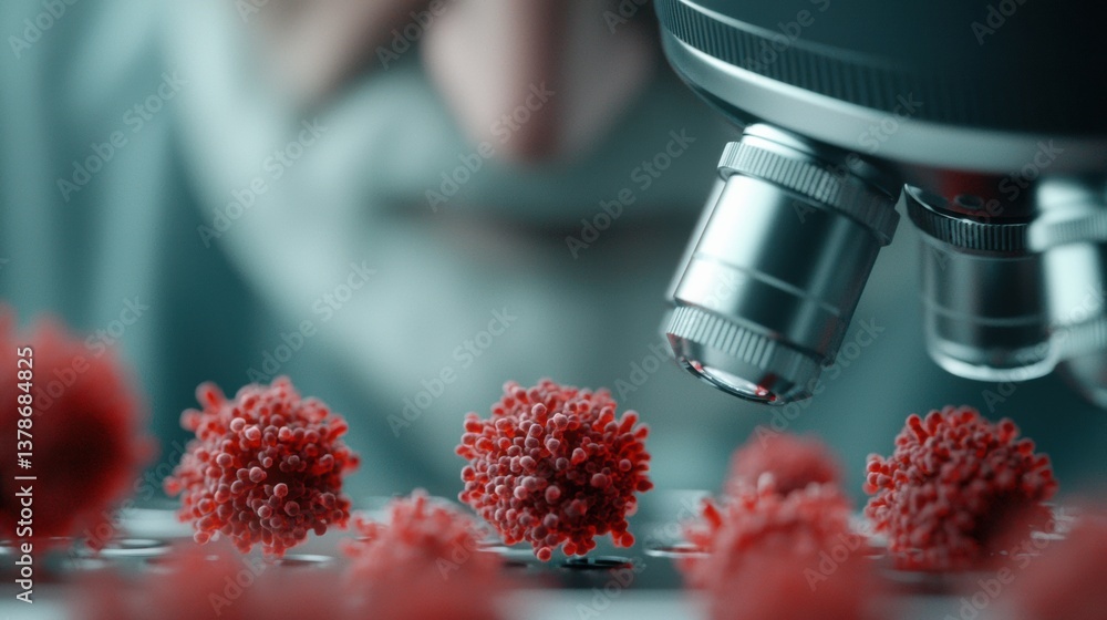 Poster microscope focusing on red virus-like structures.