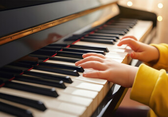 Fototapeta premium Child's hands playing piano keys, showcasing musical talent and creativity