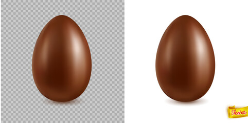 Vector illustration of a shiny chocolate Easter egg with realistic highlights, shown on transparent and white backgrounds, perfect for packaging, ads, and holiday decorations