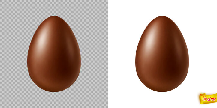 Vector illustration of a shiny chocolate Easter egg with realistic highlights, shown on transparent and white backgrounds, perfect for packaging, ads, and holiday decorations