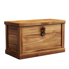 Close up of a rectangular wooden chest with a metal latch on black background