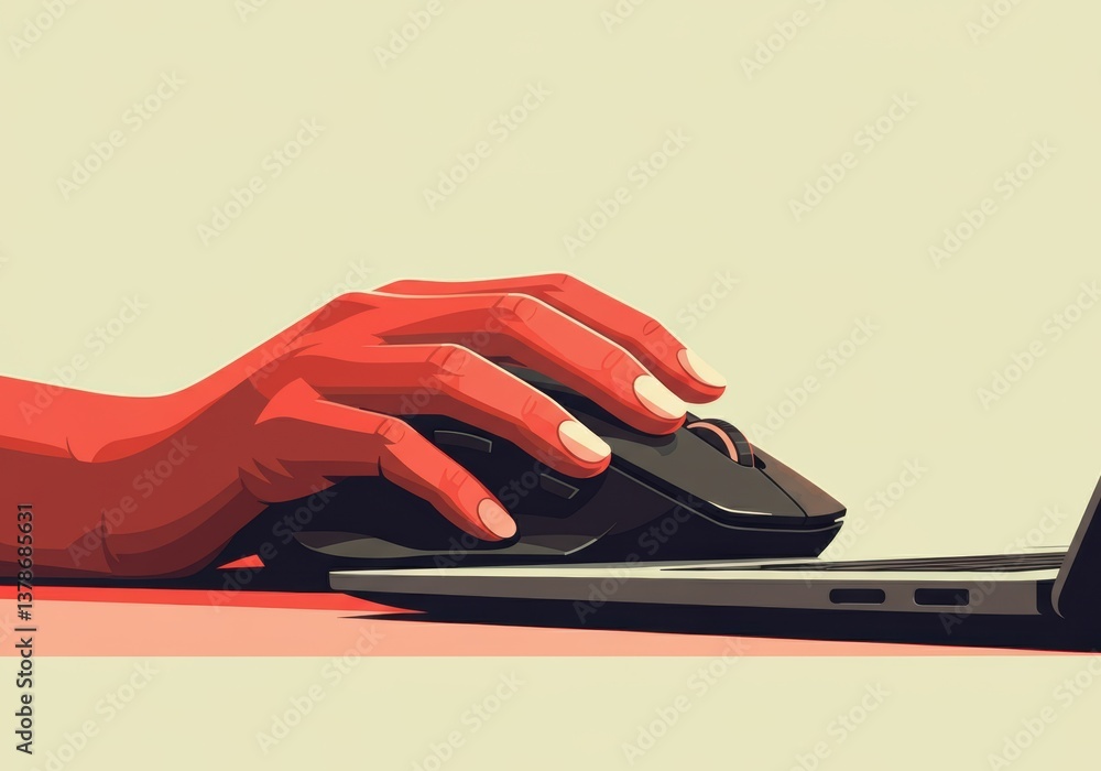 Aufkleber hand using a computer mouse on a laptop, symbolizing technology and productivity