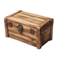 A wooden chest with a metal latch and hinges on a black background