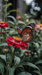 Monarch Butterfly on Red Zinnia Flower Monarch Butterfly on Red Flower Closeup Monarch Butterfly Feeding on Red Bloom