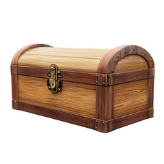 A wooden treasure chest with metal accents on a black background view