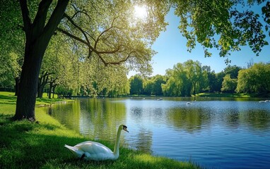 A serene landscape featuring a swan and a tranquil lake