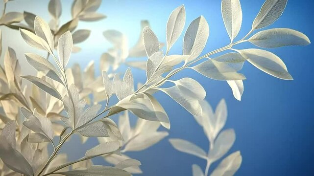 Silvered leaves on a blue gradient background, conveying calm and serenity