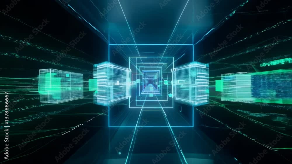 Poster virtual data center corridor with cloud servers providing compute power