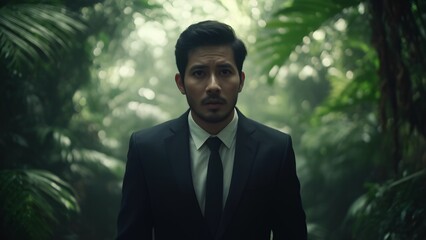 Businessman in jungle searching for answers mysterious forest portrait lush environment intriguing perspective