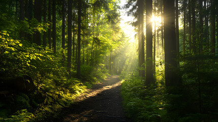 Obraz premium A forested trail through summer mountains, with tall trees lining the way and sunlight filtering through the canopy.