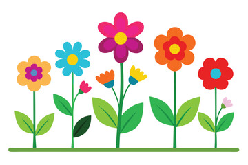 Colorful Flowers with Green Stems and Leaves on White Background