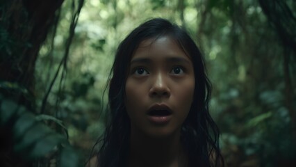 Exploration adventure of a young girl in a lush jungle nature emotional experience close-up perspective