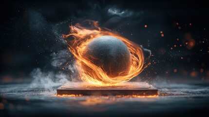 Fiery sphere on metallic pedestal