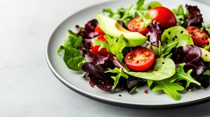 healthy food presentation, vibrant mixed greens salad with cherry tomatoes and avocado, on a white plate, against a white background