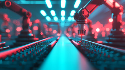 A close-up of a robotic arm working on a production line, illuminated by vibrant blue and red lights, showcasing the integration of technology in manufacturing.