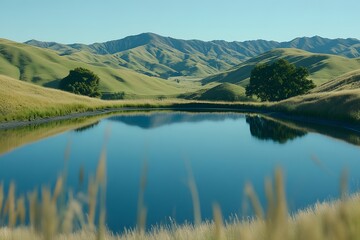 Naklejka premium Picturesque green hills surrounding a quiet mountain lake under a clear azure sky