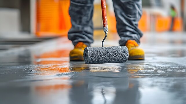 Professional waterproofing repair of a gray floor using paint rollers and reinforcing net
