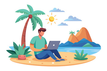 Fototapeta premium Faceless Man Using Laptop on Beach with Palm Tree and Mountain View