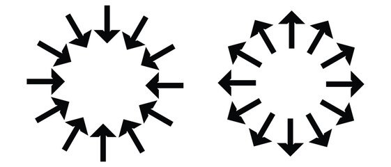 black silhouette inward arrow icon. flat and vintage style inward arrow on white background.