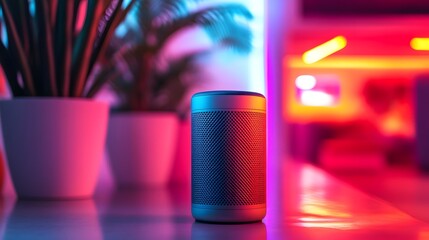 Sleek speaker in a vibrant gamer room with futuristic tech setup