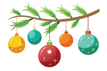 Festive Christmas Ornaments Hanging from Tree Branch, Holiday Decor, Isolated on White