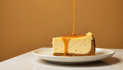 Modern food photo advertisement: A slice of cheesecake sits on a white plate with caramel sauce drizzling down its side, creating a visually appealing dessert presentation.