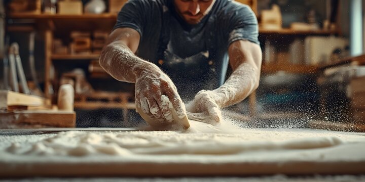 Surfboard shaper refining a prototype board in a specialized workshop