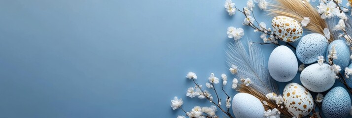 easter banner design, blue background with easter banner, featuring eggs and feathers ideal for web design with space for text