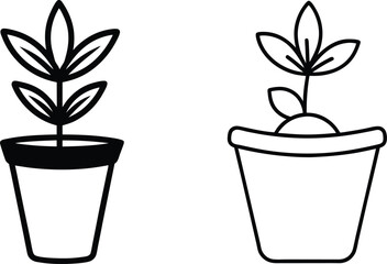 Simple Line Art Plant Pot Icons Growth, Nature, Botany