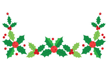 Festive Holly Berry Border Design, Seasonal Green Leaves & Red Berries on White Background