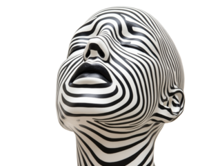 Abstract art piece of a striped mannequin head with bold designs, cut out