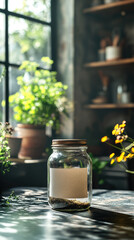 Empty transparent glass jar with wooden lid placed on rustic wooden kitchen table, cozy home interior in soft focus background, natural storage solution for eco-friendly food organization