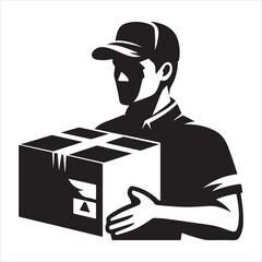 Courier Delivering Carrying Box Silhouette on isolated white background