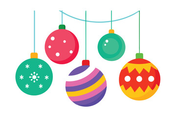 Five Colorful Geometric Christmas Ornament Baubles Hanging on a Turquoise String