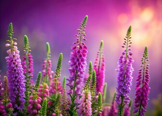Obraz premium Low-light foxglove heather blooms on a rich purple mockup template, perfect for design projects.